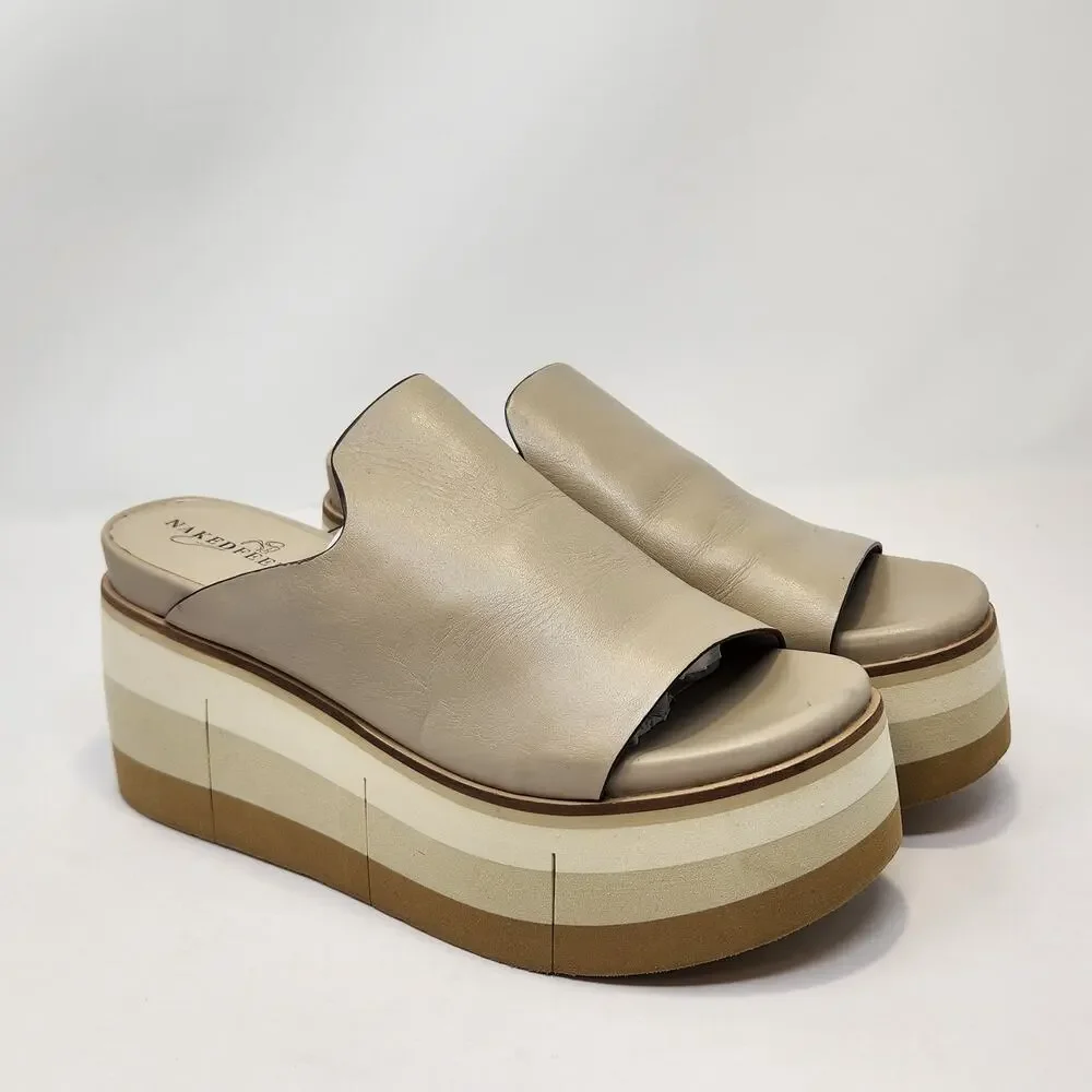 Naked Feet Flow Cream Tan Leather Platform Sandals Women Size 7.5 M Wedge Slide